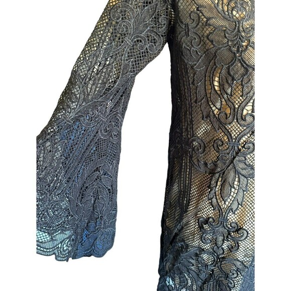 Olivaceous Black Lace Overlay Dress Size Large Scallop Hems Flare 3/4 Sleeves - Picture 2 of 9